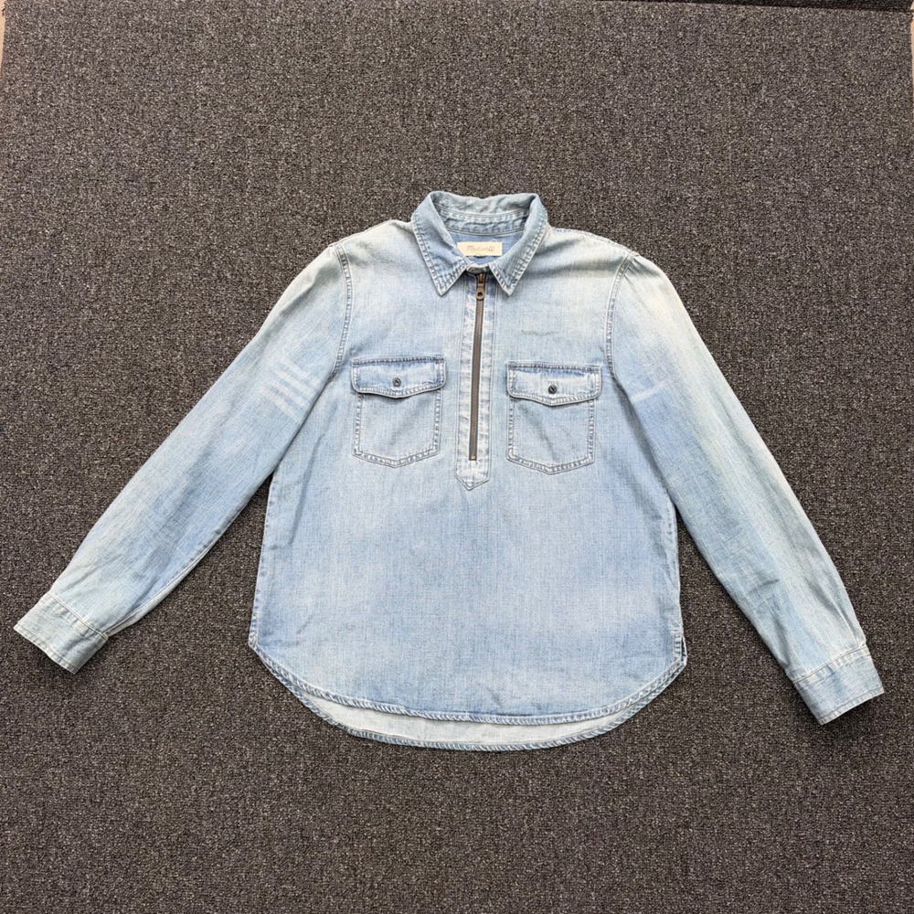 Madewell Denim Quarter Zip Pullover Shirt Womens Medium Light Blue everyday